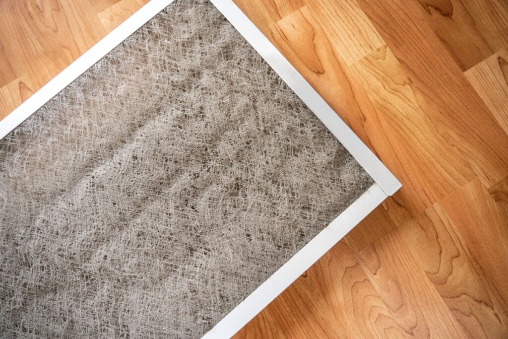 Detail of old dirty furnace filter from above