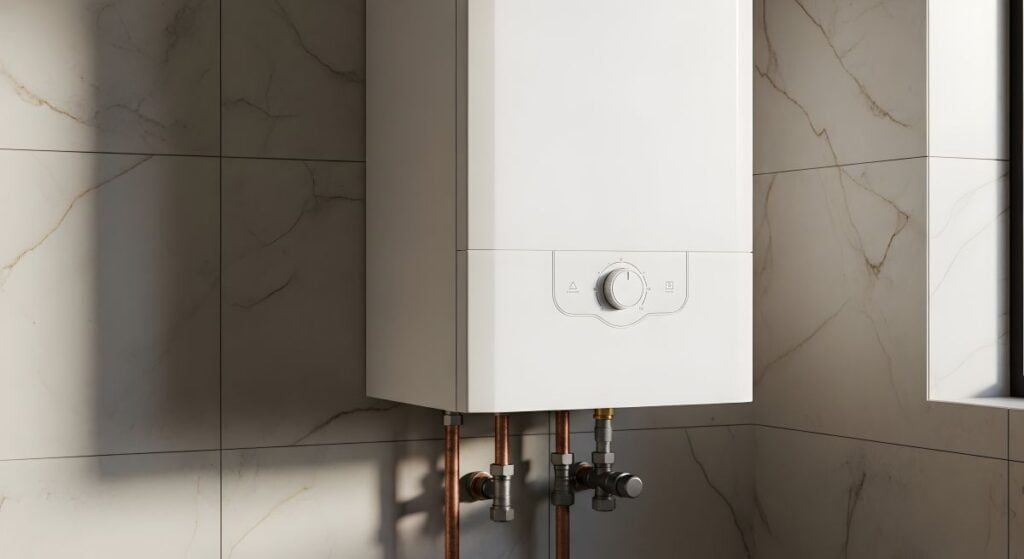 Modern Hot Water Tank System on a Marble Tiled Wall, Providing Efficient Home Heating