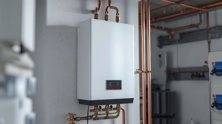 modern tankless water heater installed in a basement